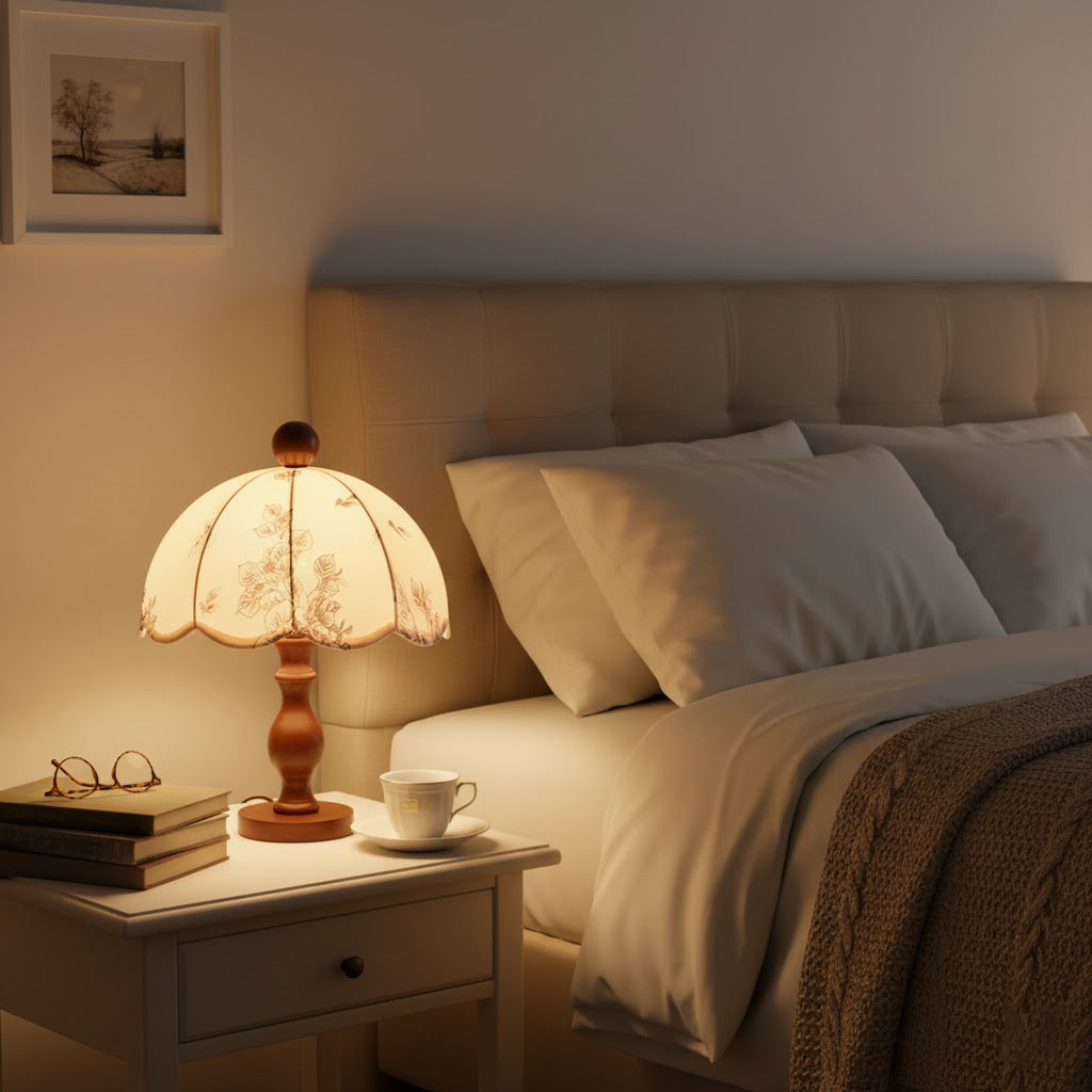 Clérachic lamp with a slim wooden stem glowing on a white bedside table, with reading glasses and a cup beside a bed.
