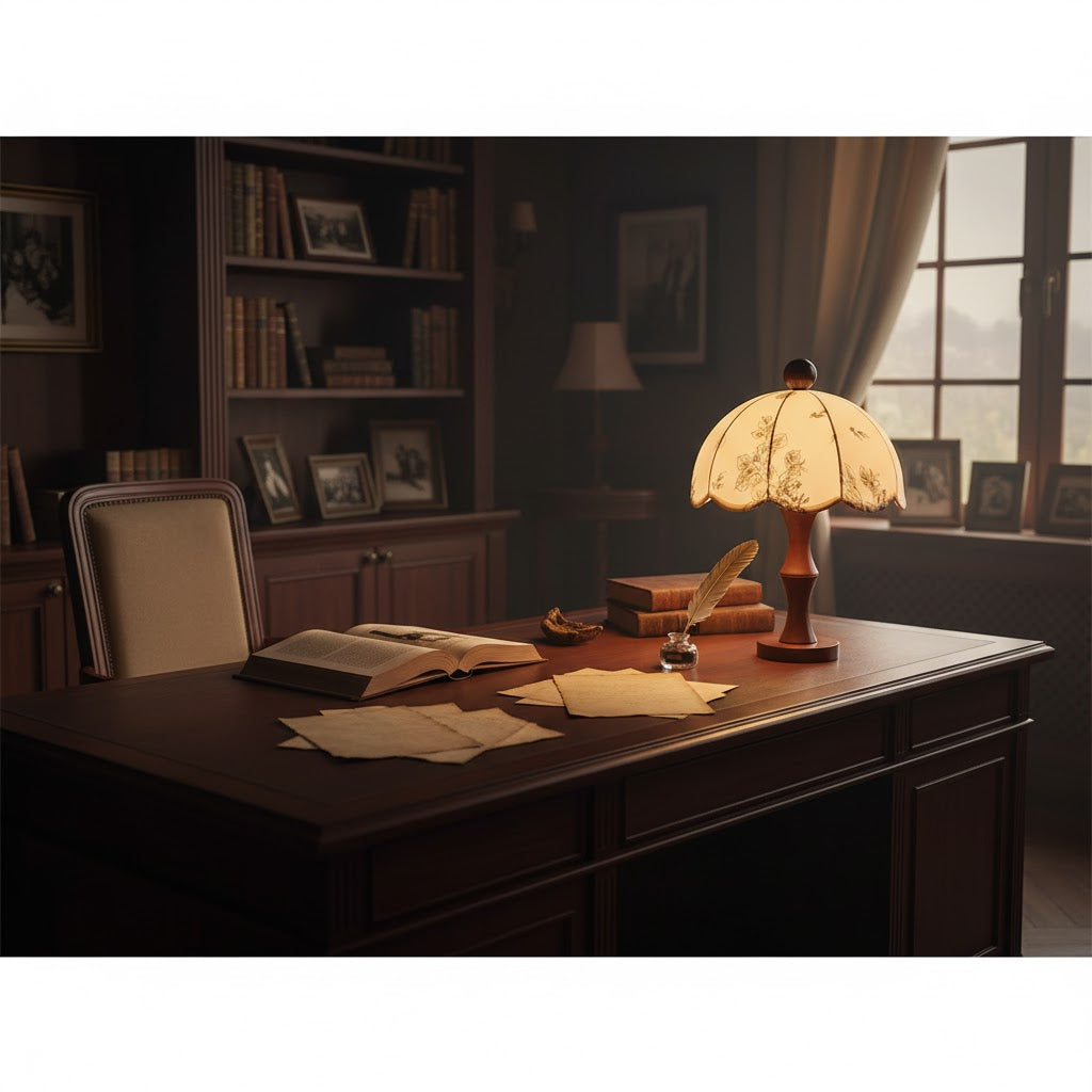 Small Clérachic lamp lit on a dark wooden writing desk, with loose papers, an open book and shelves behind in warm light.
