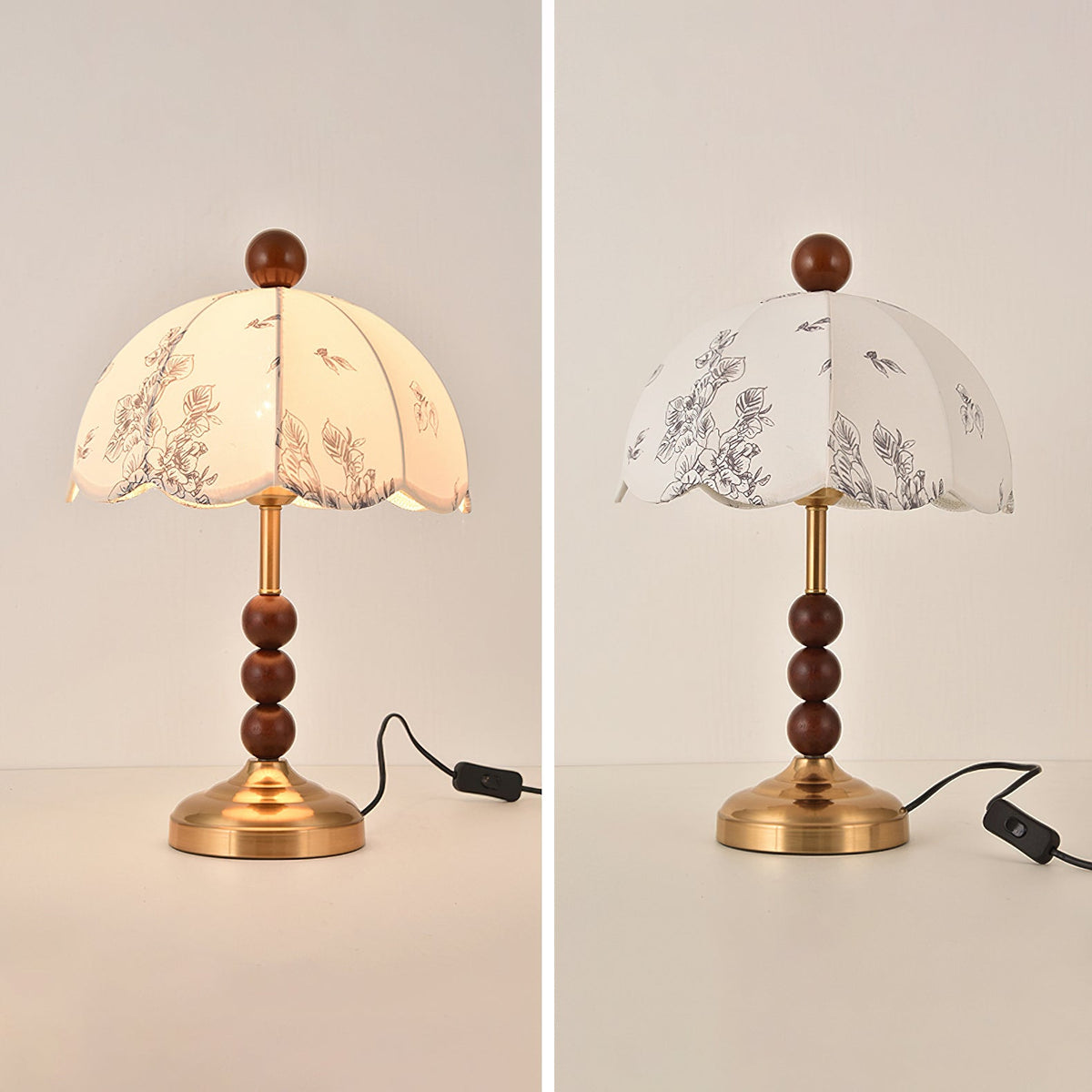 Two views of this Clérachic lamp with a brass foot and wooden bead stem, one lit and one unlit, with the black switch cord.