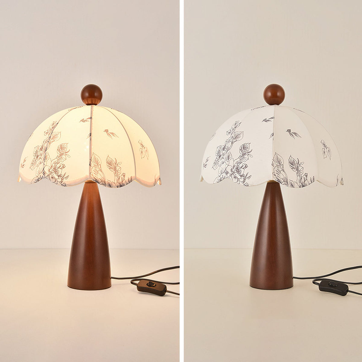 Two views of this Clérachic lamp with a tapered wooden base, one lit and one unlit, on a pale backdrop with its switch cord.