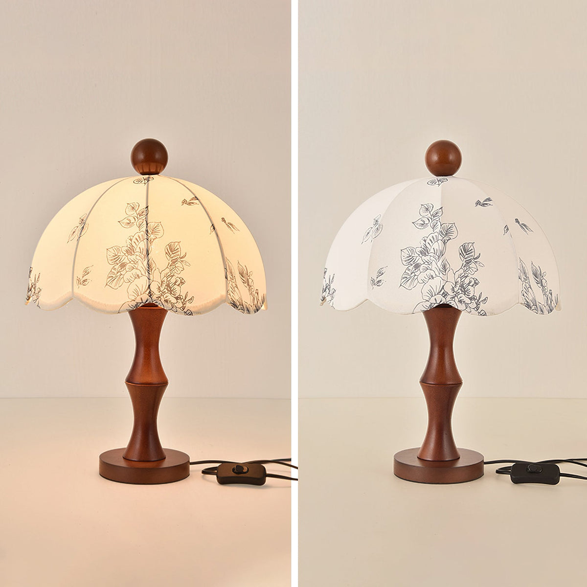 Two views of this Clérachic lamp with a waisted wooden base, lit and unlit, with its black cord and switch at the side.