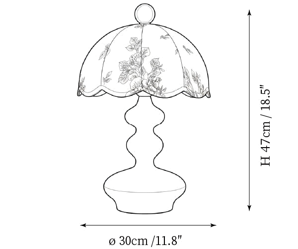 Clérachic table lamp dimension drawing, every measurement marked in centimetres and inches.
