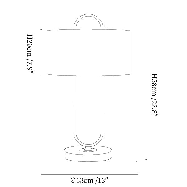 Dimension drawing of the warner table lamp, in outline against white.