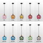 The ten glass colours of the Clérachic water ripple globe pendant: pink, orange, amber, rose, red, light and dark blue, dark and light green, smoke gray.