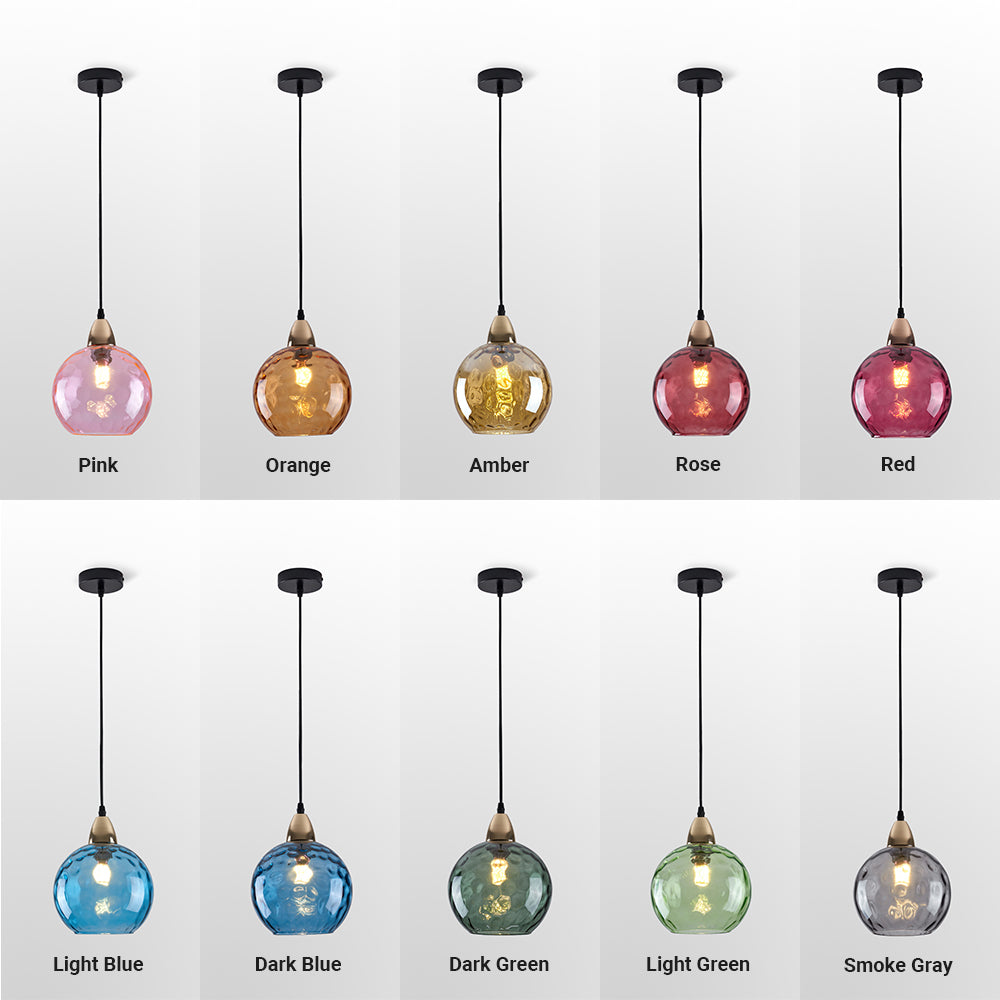 The ten glass colours of the Clérachic water ripple globe pendant: pink, orange, amber, rose, red, light and dark blue, dark and light green, smoke gray.