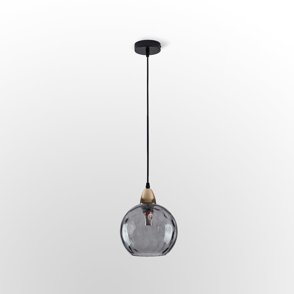 Full-drop studio view of the smoke gray Clérachic water ripple glass globe pendant, black cord and flat black ceiling rose above.