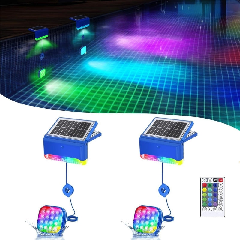 Clérachic solar pool lights, two units with solar tops and submersible RGB pods, plus a remote.