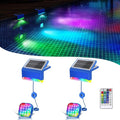 Clérachic solar pool lights, two units with solar tops and submersible RGB pods, plus a remote.
