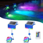 Clérachic solar pool lights, two units with solar tops and submersible RGB pods, plus a remote.