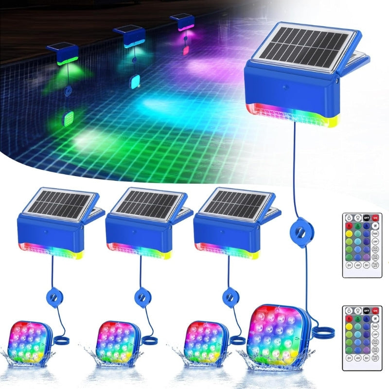 Four Clérachic pool light units with their submersible RGB pods and two remote controls.