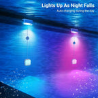 Clérachic pool lights glowing under water at night, pods lit blue and pink below the surface.