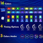 Chart of the Clérachic pool light's 16 colours, four timer options and five colour modes.