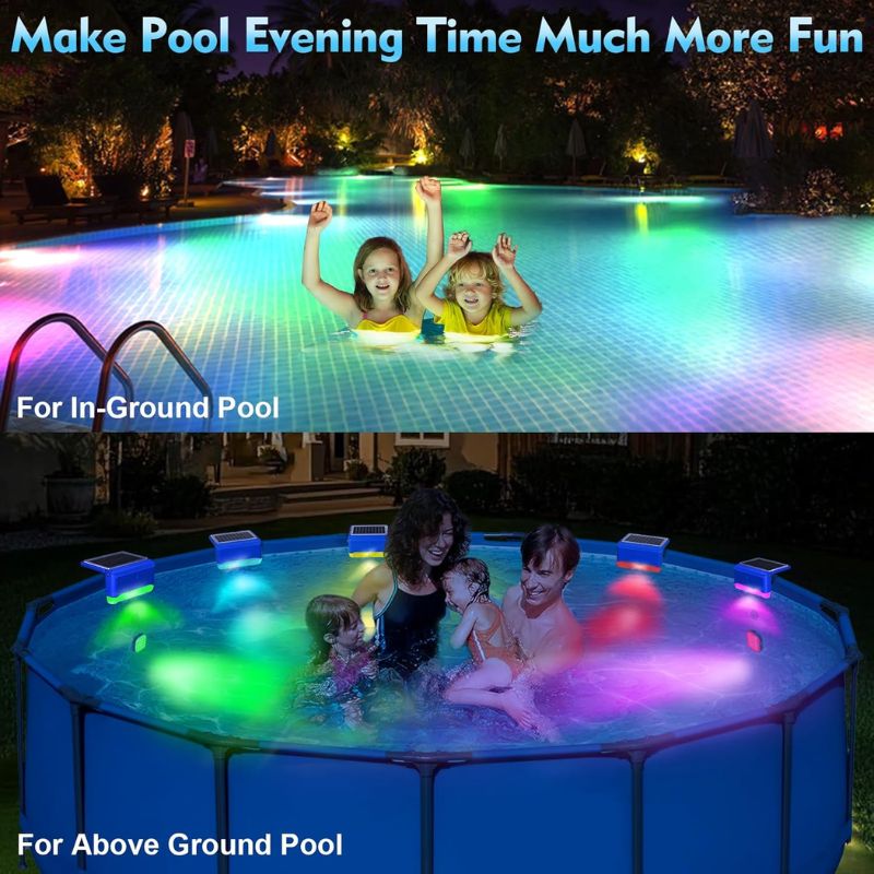 Clérachic pool lights colouring an in-ground and an above-ground pool while children swim.
