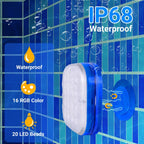 The Clérachic pool light pod shown with its IP68 rating, 16 RGB colours and 20 LED beads.