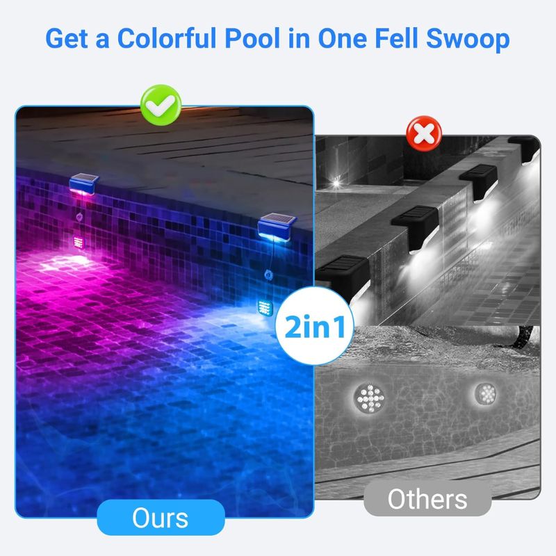 Comparison panel showing the Clérachic pool light's colour output beside a plain white alternative.