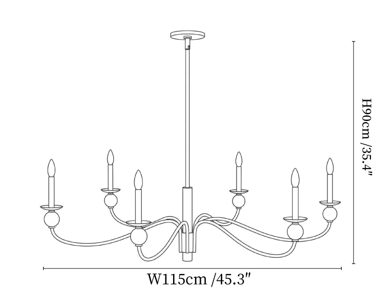Clérachic chandelier dimension drawing, every measurement marked in centimetres and inches.