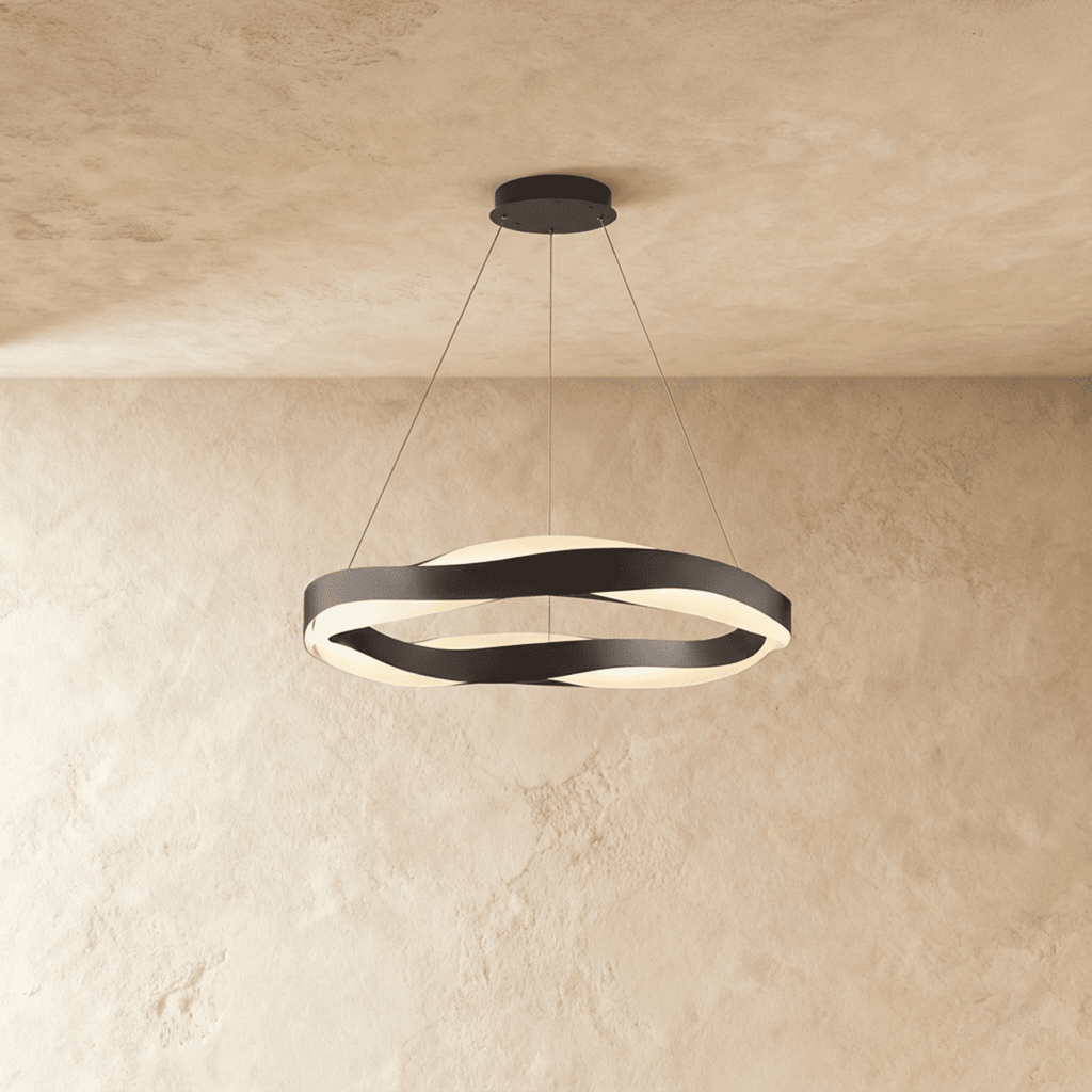 Clérachic larger round chandelier with black wavy bands and soft frosted light, hung on thin cables.