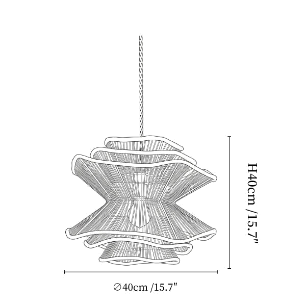 Clérachic pendant light dimension drawing, 1 of 3, every measurement marked in centimetres and inches.