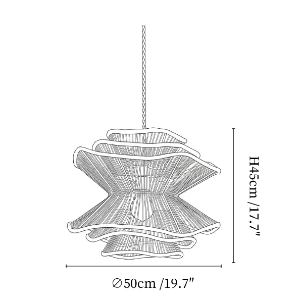 Clérachic pendant light dimension drawing, 2 of 3, every measurement marked in centimetres and inches.