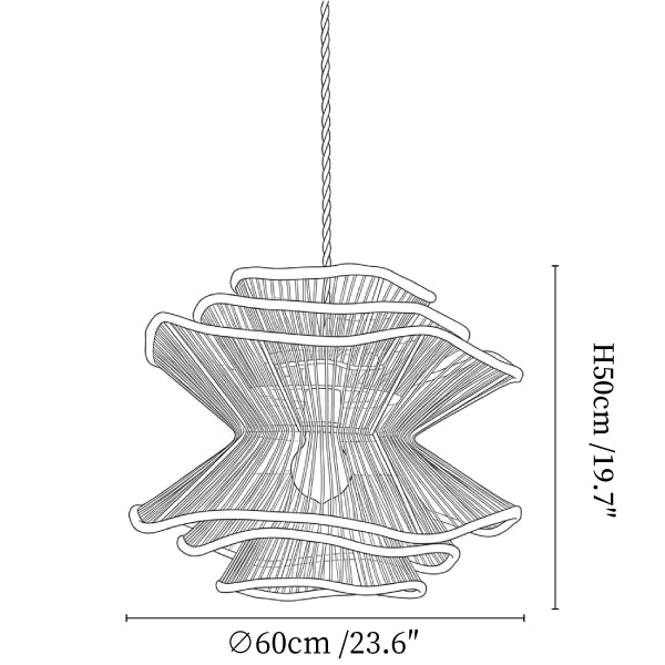 Clérachic pendant light dimension drawing, 3 of 3, every measurement marked in centimetres and inches.