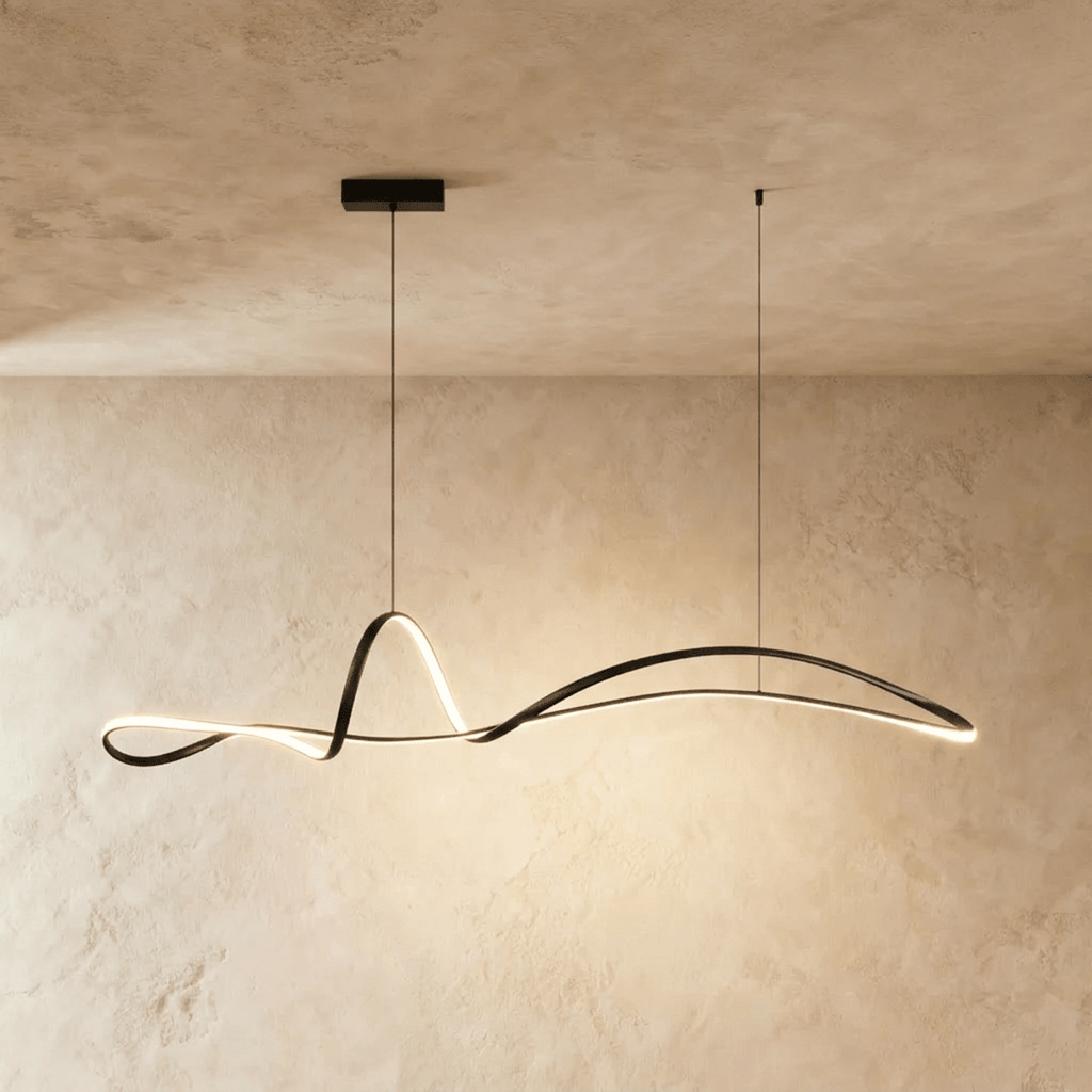 Clérachic black looping ribbon pendant lit along its edge, on two fine cables from a small rectangular canopy.