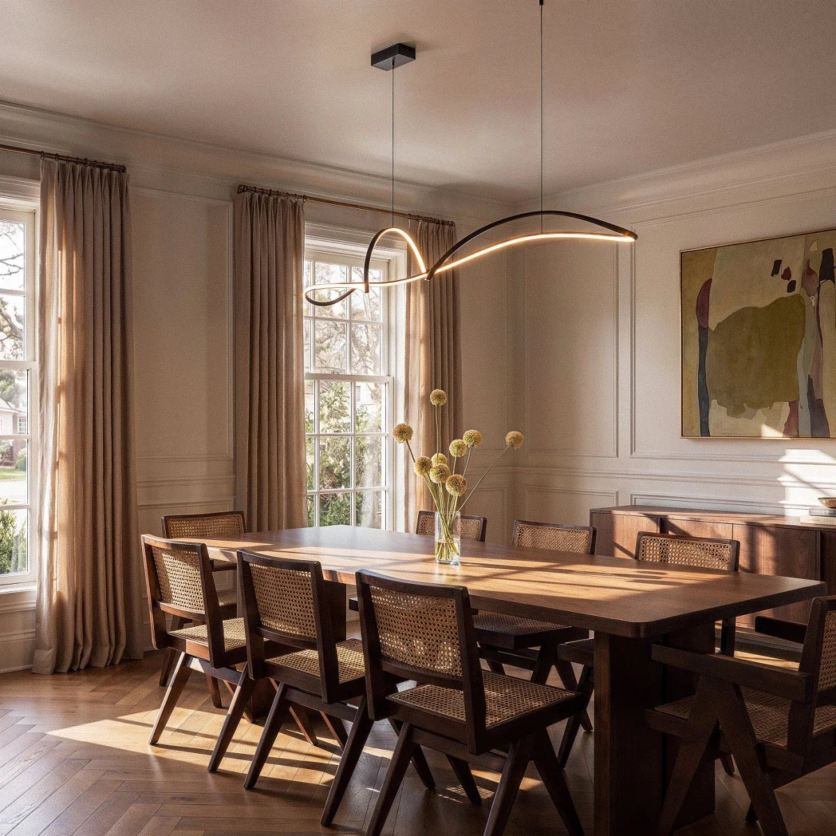Clérachic black ribbon pendant lit over a walnut dining table with cane chairs, in a panelled room with tall windows.