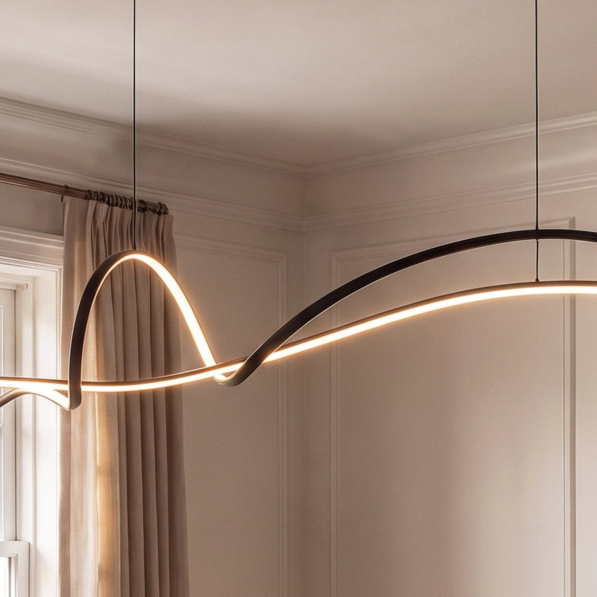 Close view of the Clérachic black ribbon pendant curving and twisting, its slim LED edge lit against panelled walls.