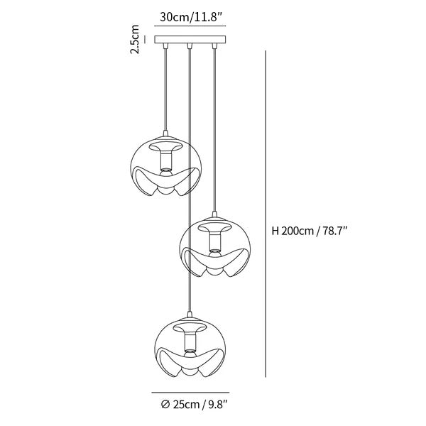 Dimension drawing of the wave pendant light, in outline against white.