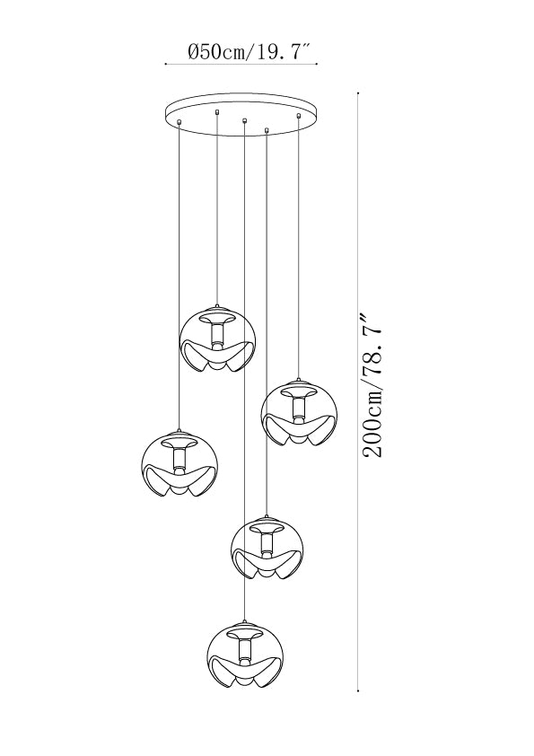 Dimension drawing of the wave pendant light, in outline against white.