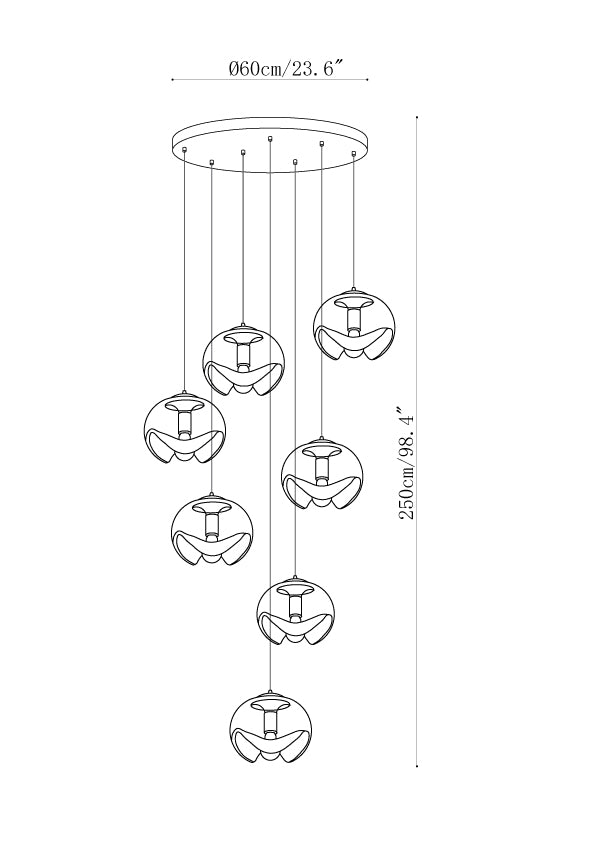 Dimension drawing of the wave pendant light, in outline against white.