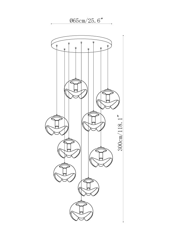 Dimension drawing of the wave pendant light, in outline against white.