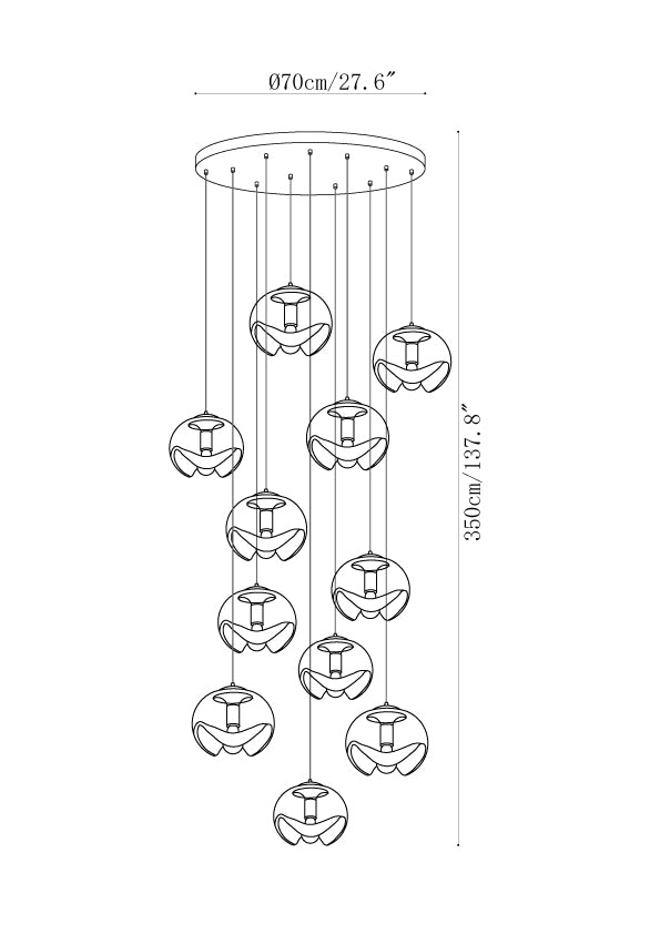 Dimension drawing of the wave pendant light, in outline against white.