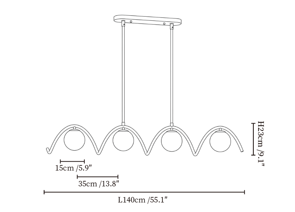 Clérachic chandelier dimension drawing, every measurement marked in centimetres and inches.