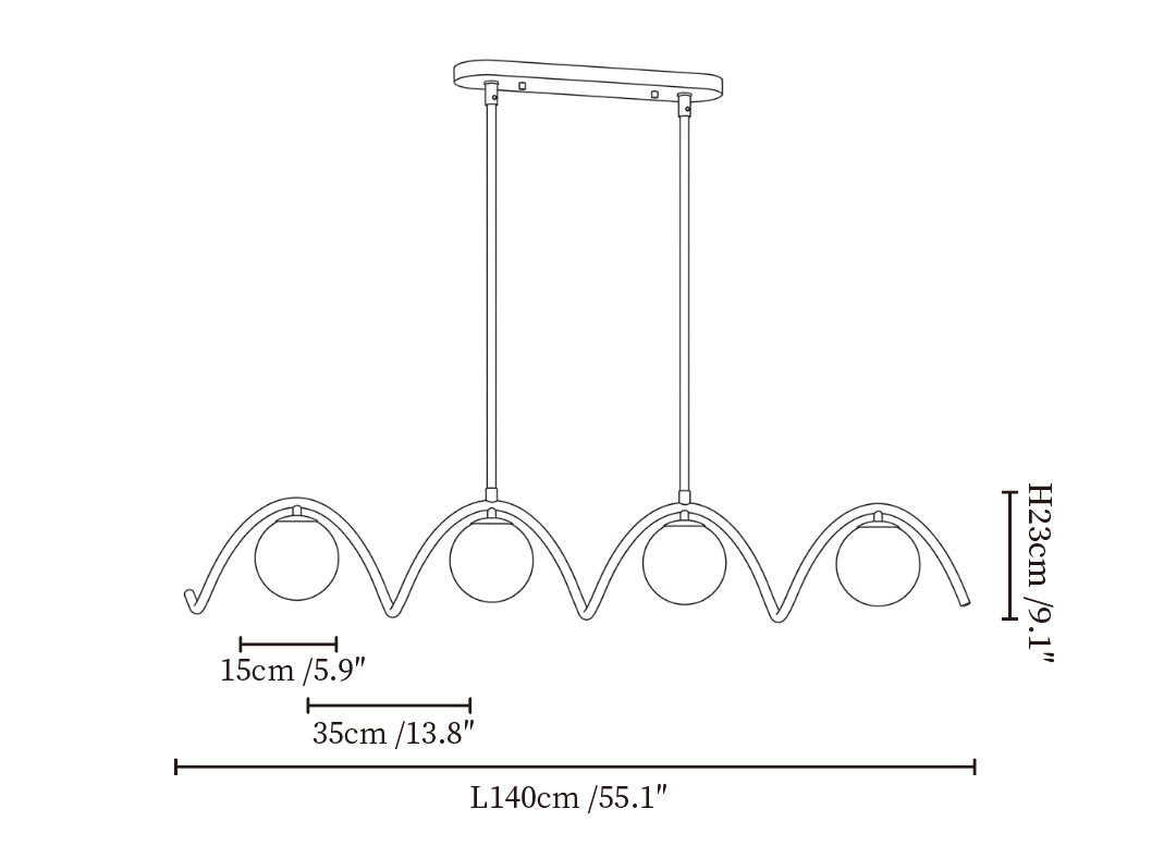 Clérachic chandelier dimension drawing, every measurement marked in centimetres and inches.