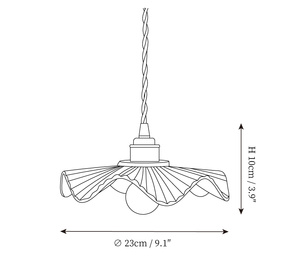 Dimension drawing of this Clérachic pendant, with its 10 cm height and 23 cm shade diameter marked.