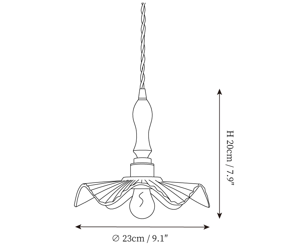 Dimension drawing of this Clérachic pendant with the wooden handle, with its 20 cm height and 23 cm diameter marked.