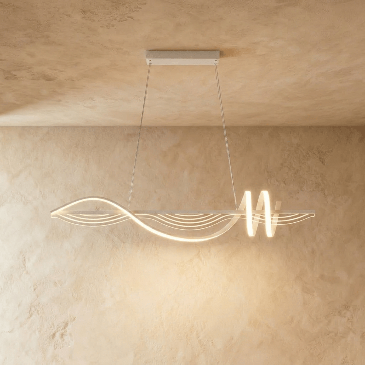 Clérachic white linear pendant, a flowing wave of LED light ending in a double loop, hung on slim cables from a flat canopy.