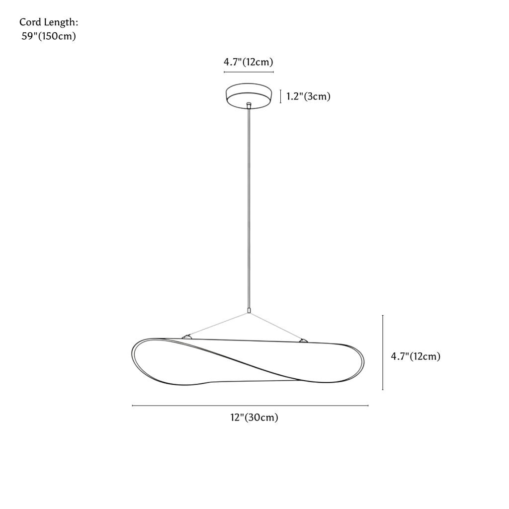 Clérachic pendant light dimension drawing, 30 cm, every measurement marked in centimetres and inches.