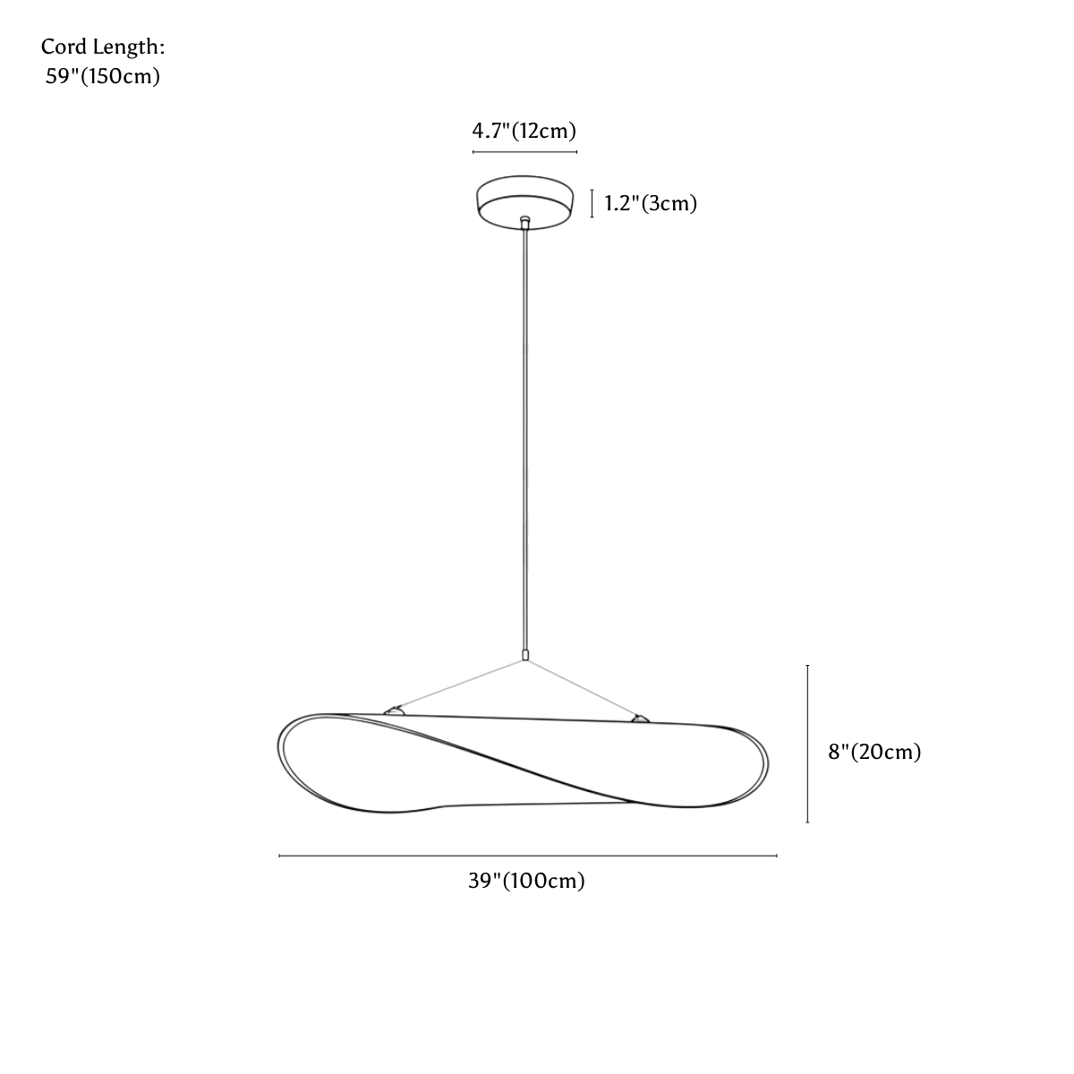 Clérachic pendant light dimension drawing, 100 cm, every measurement marked in centimetres and inches.