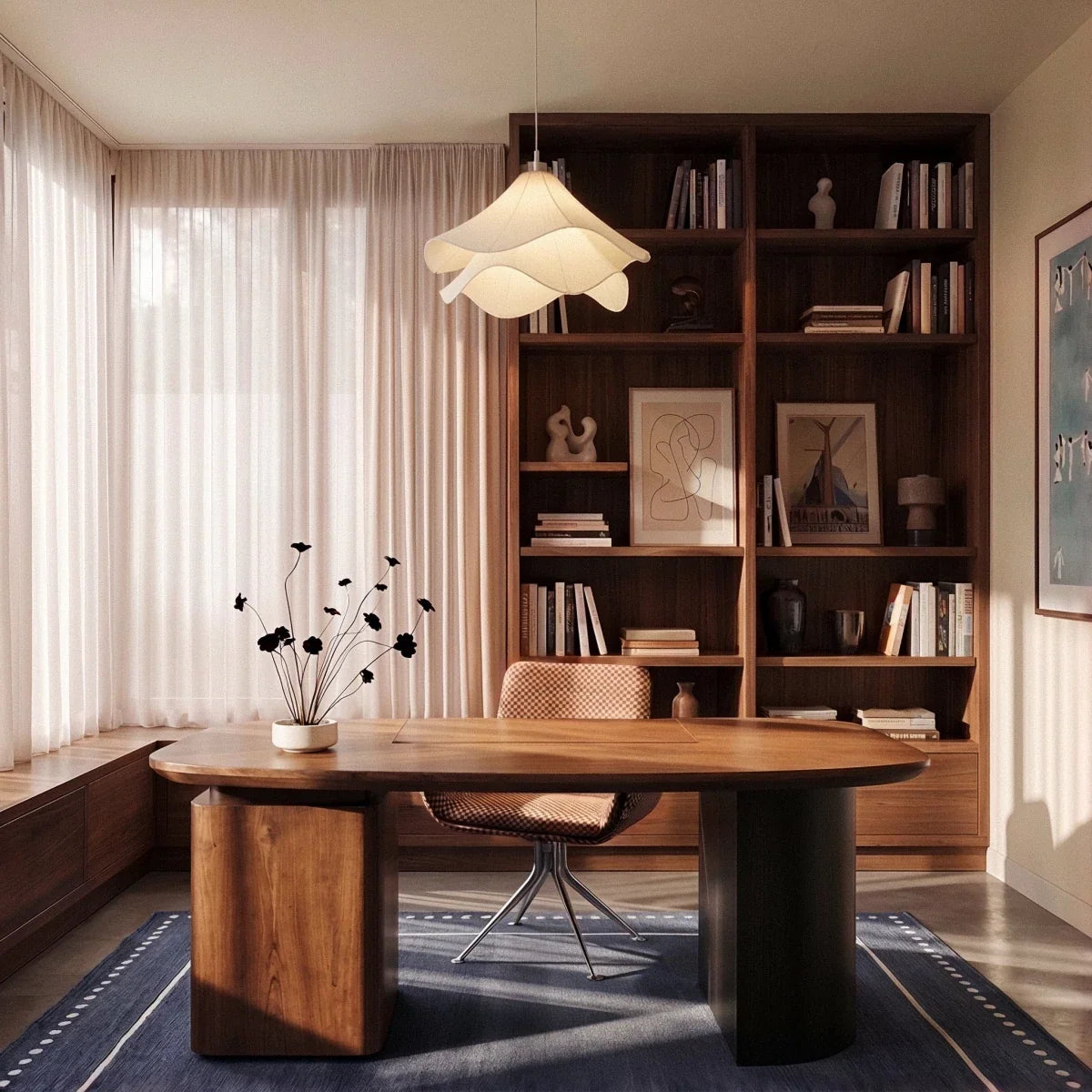 Clérachic wave-edged white fabric pendant hung above a walnut desk, with a bookcase and sheer curtains behind.