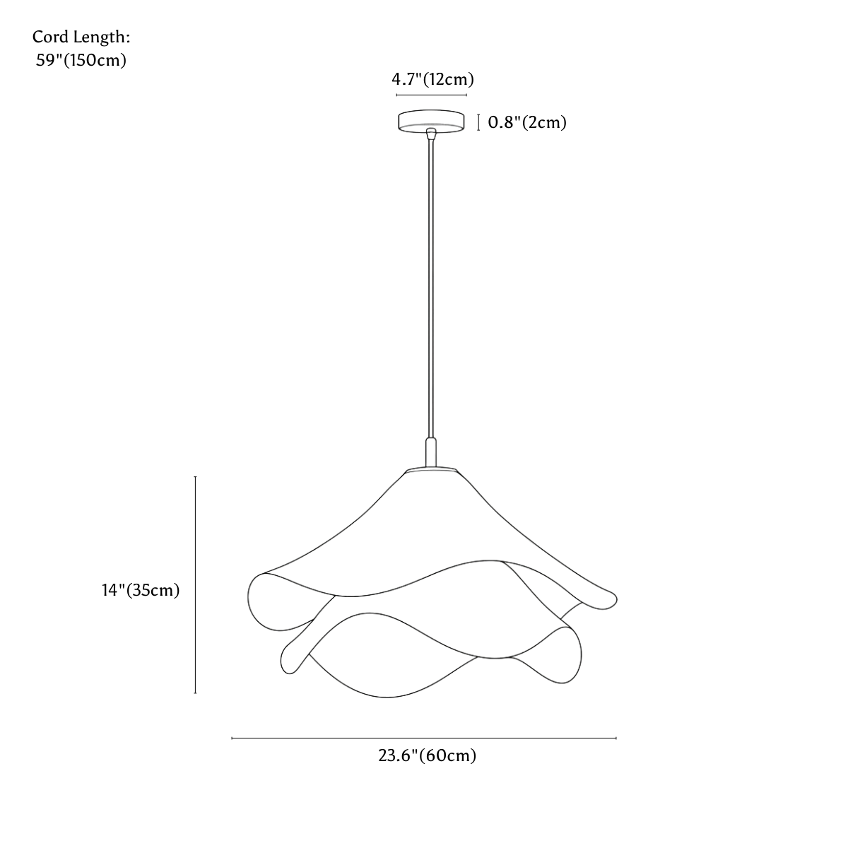 Clérachic pendant light dimension drawing, 60 cm, every measurement marked in centimetres and inches.