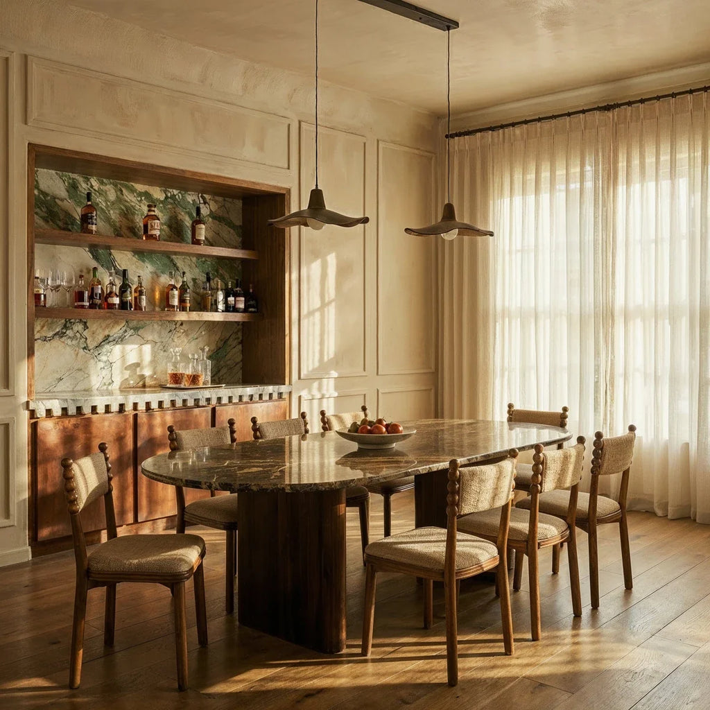 Clérachic double pendant on a long bar canopy above a marble dining table in a sunlit room with linen curtains.
