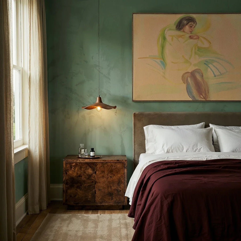 Clérachic single wavy wooden pendant hanging beside the bed in a bedroom with sage green walls and a burr-wood nightstand.