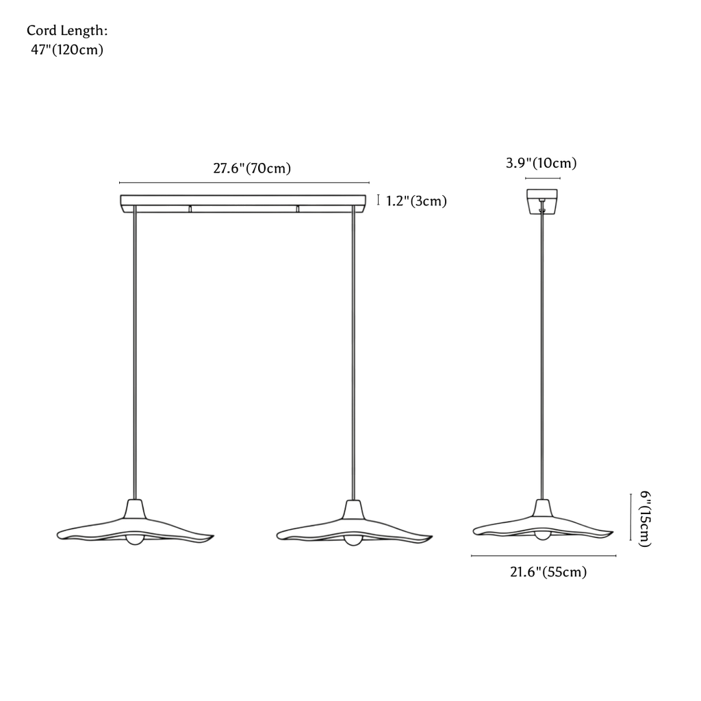 Clérachic pendant light dimension drawing, 2 heads - 70 × 15 cm, every measurement marked in centimetres and inches.