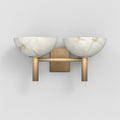 The Clérachic Weft sconce seen straight on, showing the veined alabaster bowls and the squared brass wall plate.