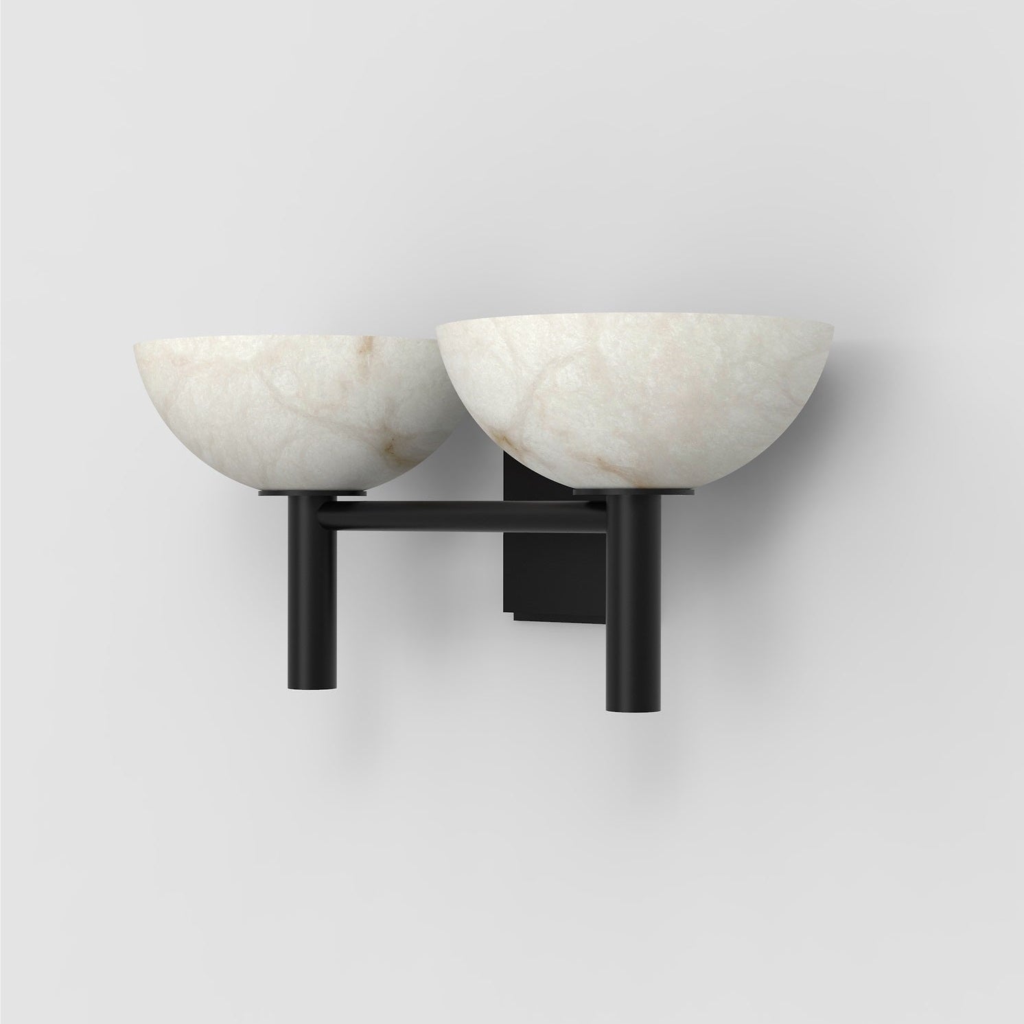 The Clérachic Weft sconce in black, three-quarter view showing the two upright posts under each alabaster bowl.