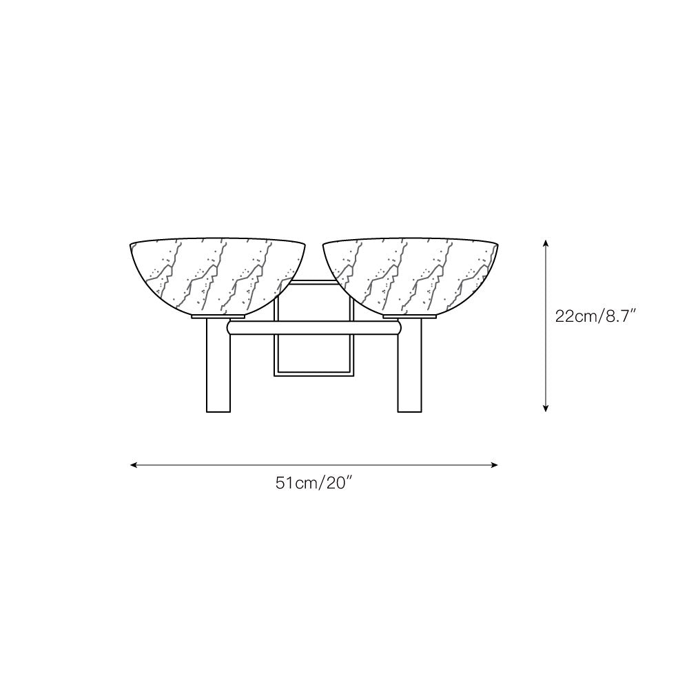 The Clérachic Weft dimension drawing: 51 cm / 20 in across the pair of bowls and 22 cm / 8.7 in tall.
