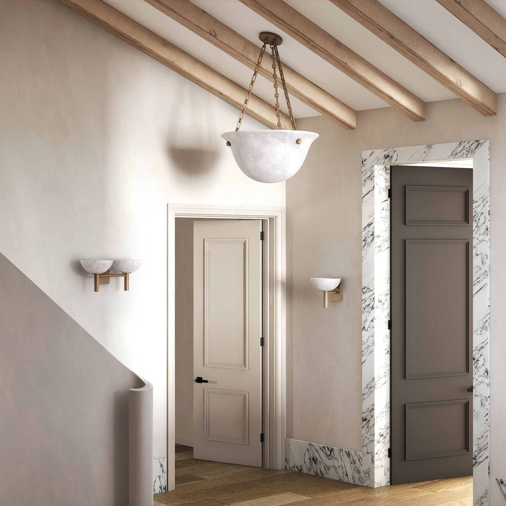 Clérachic Weft sconces in brass lining a beamed hallway, spaced along the wall beside marble-framed doorways.