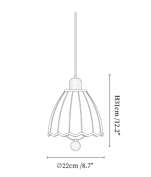Clérachic pendant light dimension drawing, 1 of 2, every measurement marked in centimetres and inches.