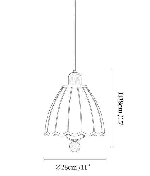 Clérachic pendant light dimension drawing, 2 of 2, every measurement marked in centimetres and inches.